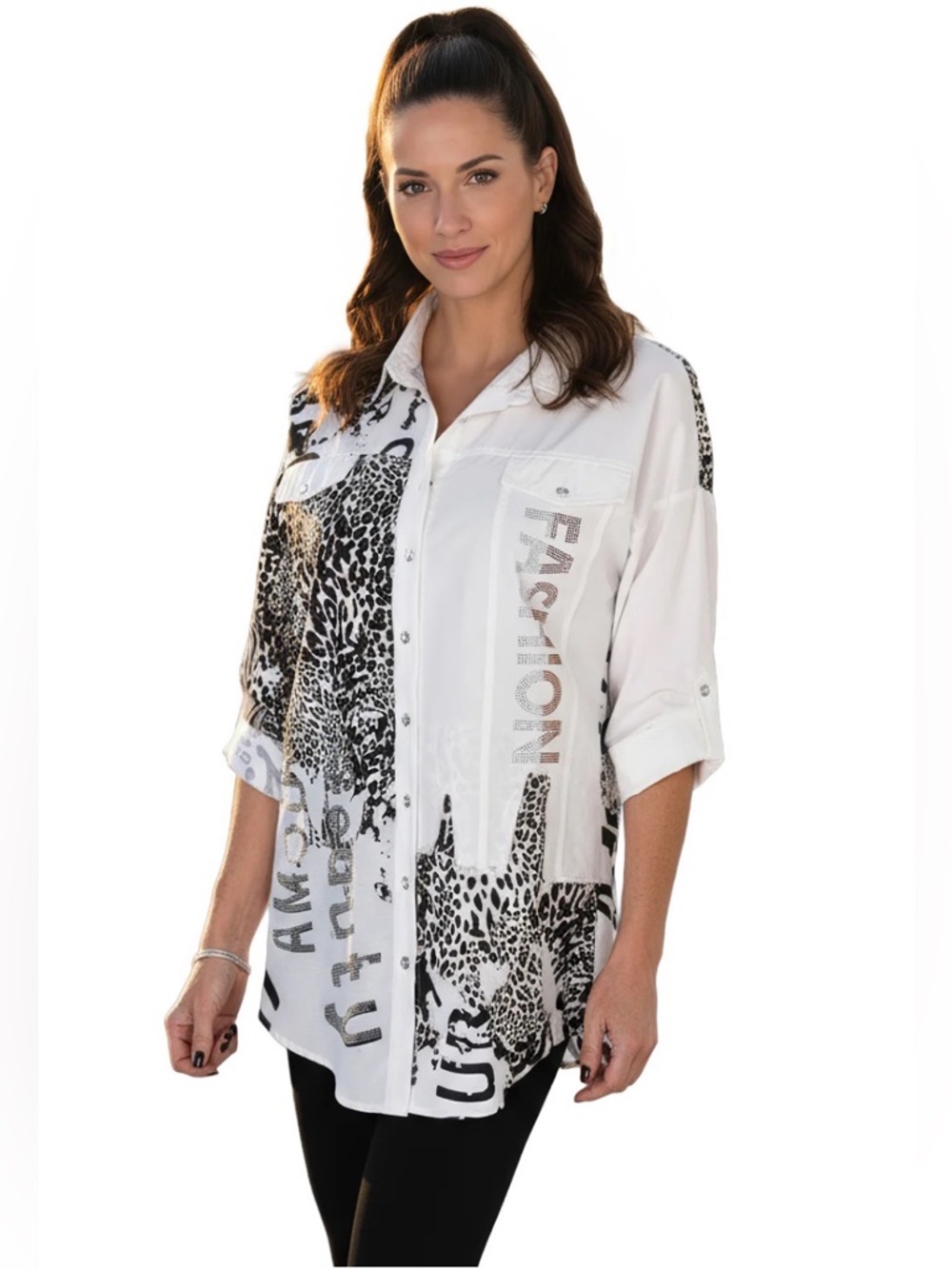 FRANK LYMAN Leopard & Typography Collared Shirt Sparkle Glam Unique Maximal XL - Picture 3 of 10